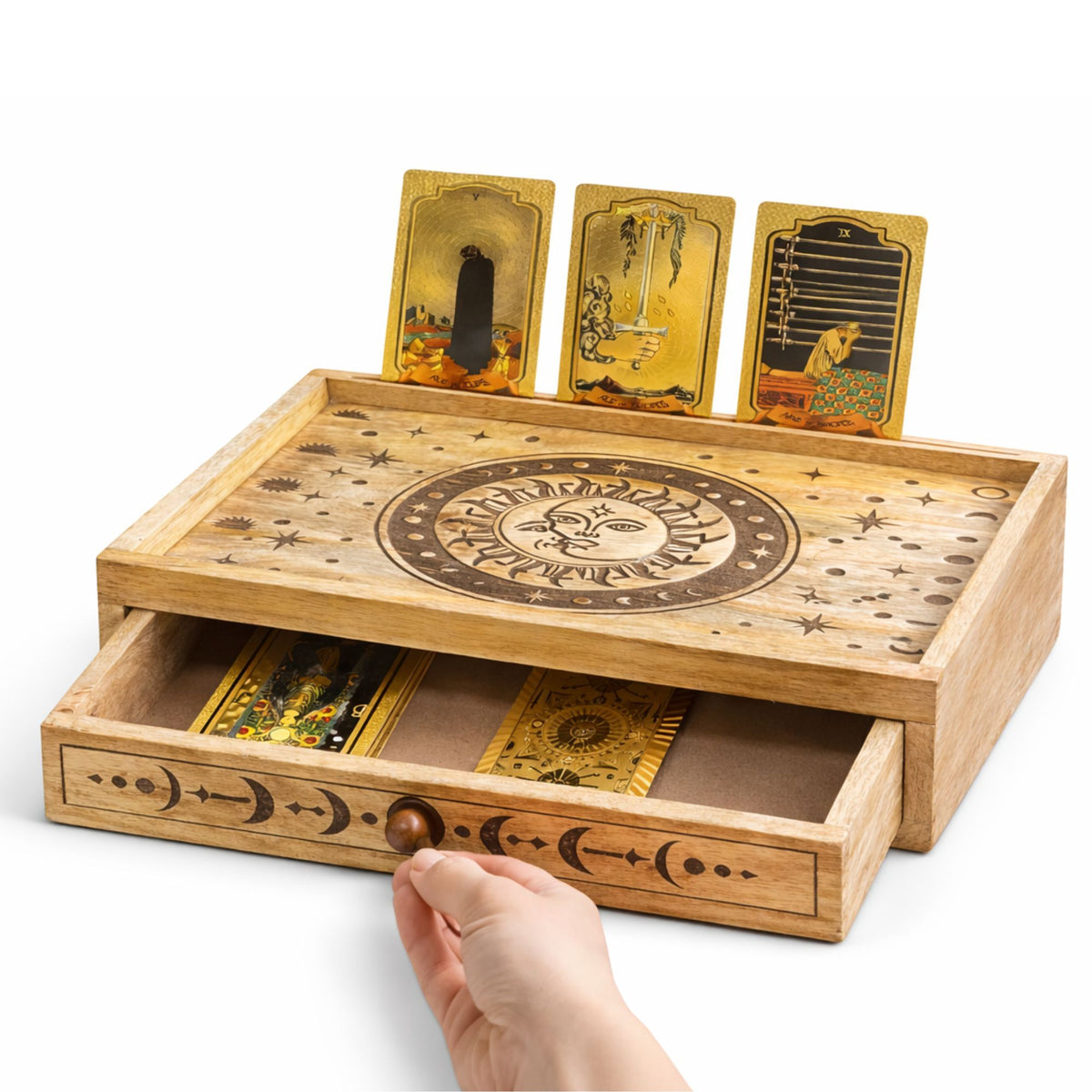 Carved sun moon tarot box drawer open wooden crystal storage pagan gift UK