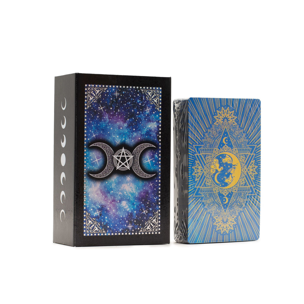 Moon Face Tarot card set side view luxury gift box blue foil tarot deck