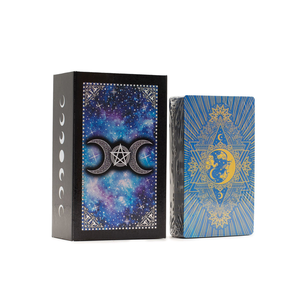 Moon Face Tarot card set side view luxury gift box blue foil tarot deck