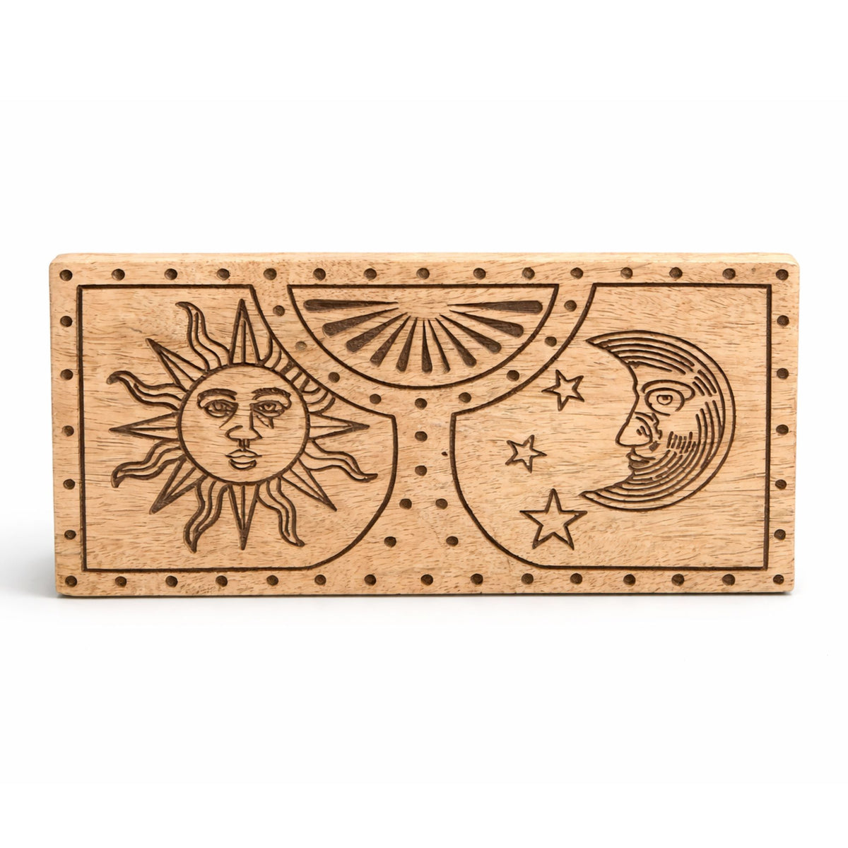  Sun moon carved wooden crystal box side view celestial trinket storage gift UK