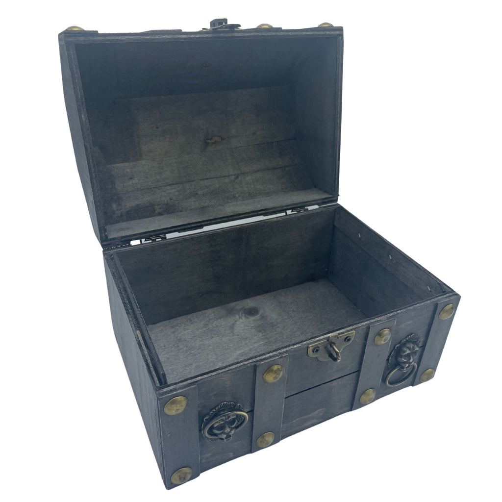  Large grey treasure chest open lid interior view vintage jewellery keepsake box