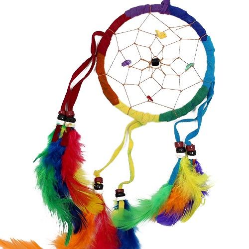 Rainbow Bali dreamcatcher multicolour feathers full view boho wall hanging UK