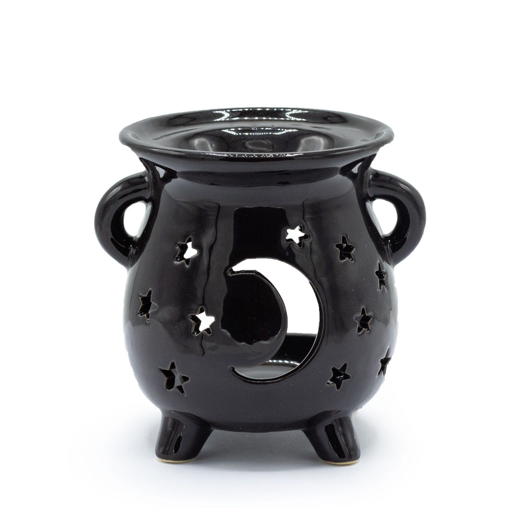 Black ceramic cauldron oil burner moon stars detail gothic home decor UK