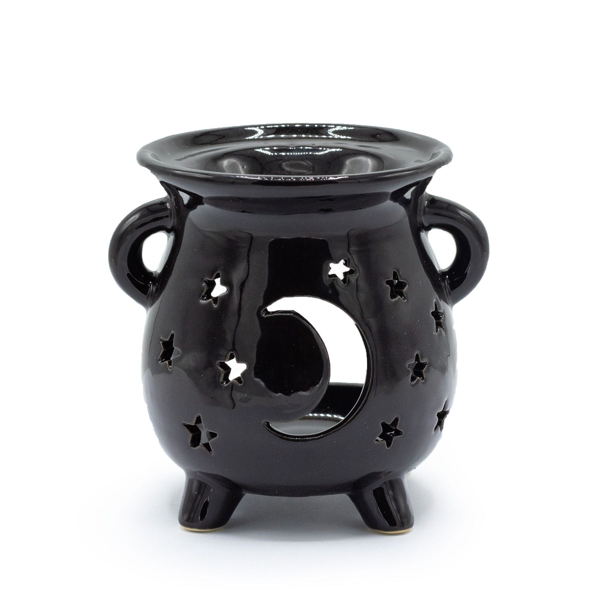 Black ceramic cauldron oil burner moon stars detail gothic home decor UK