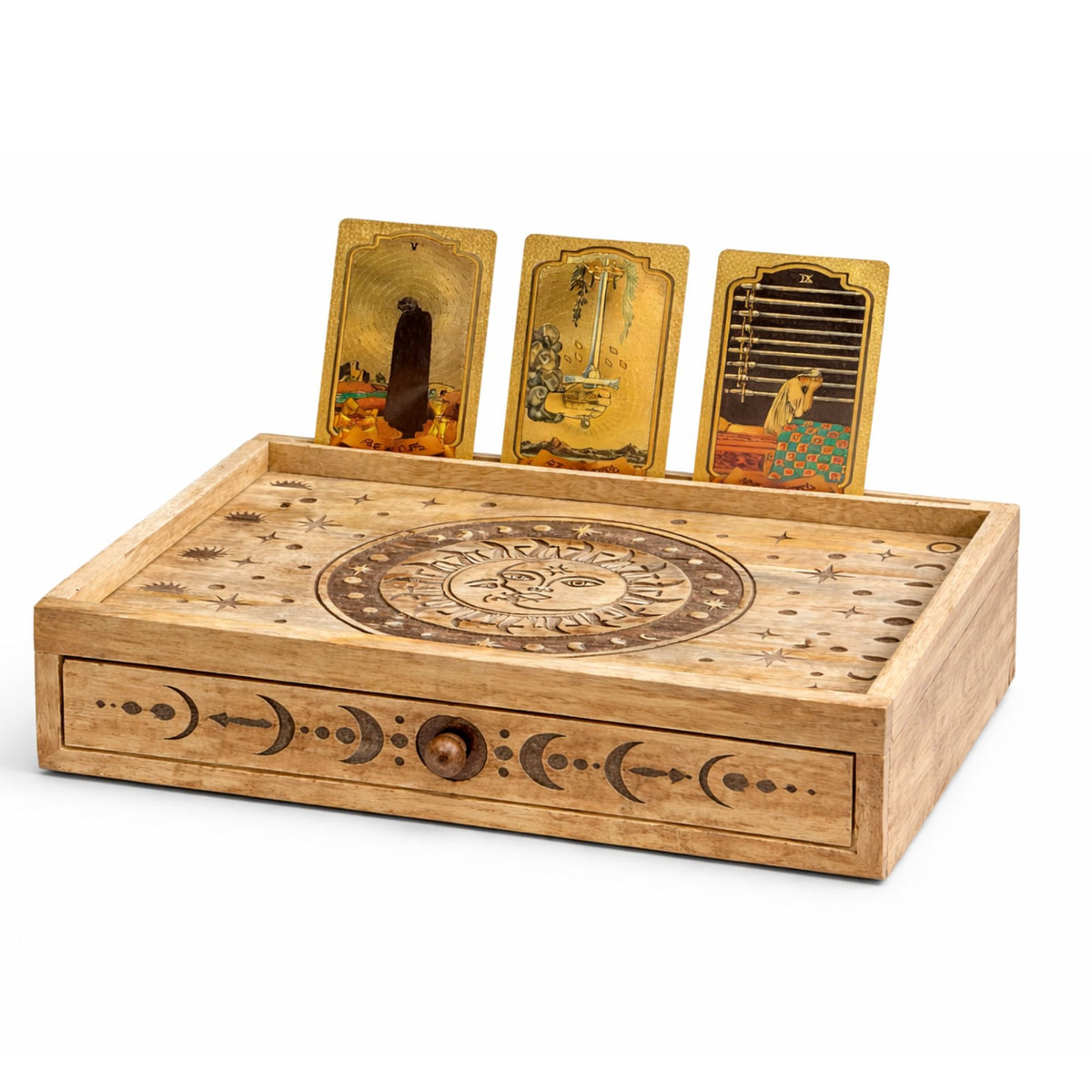 Sun moon tarot box close up carved detail wooden tarot deck storage
