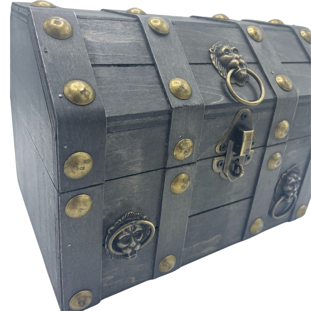 Large grey treasure chest side angle view vintage decorative storage box UK