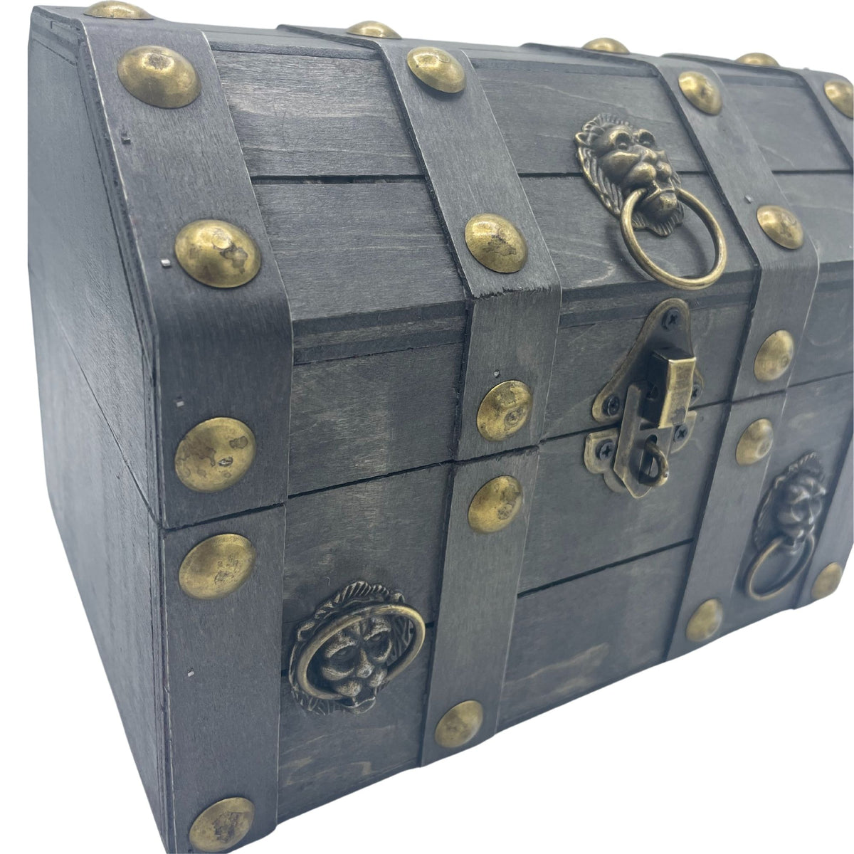 Large grey treasure chest side angle view vintage decorative storage box UK