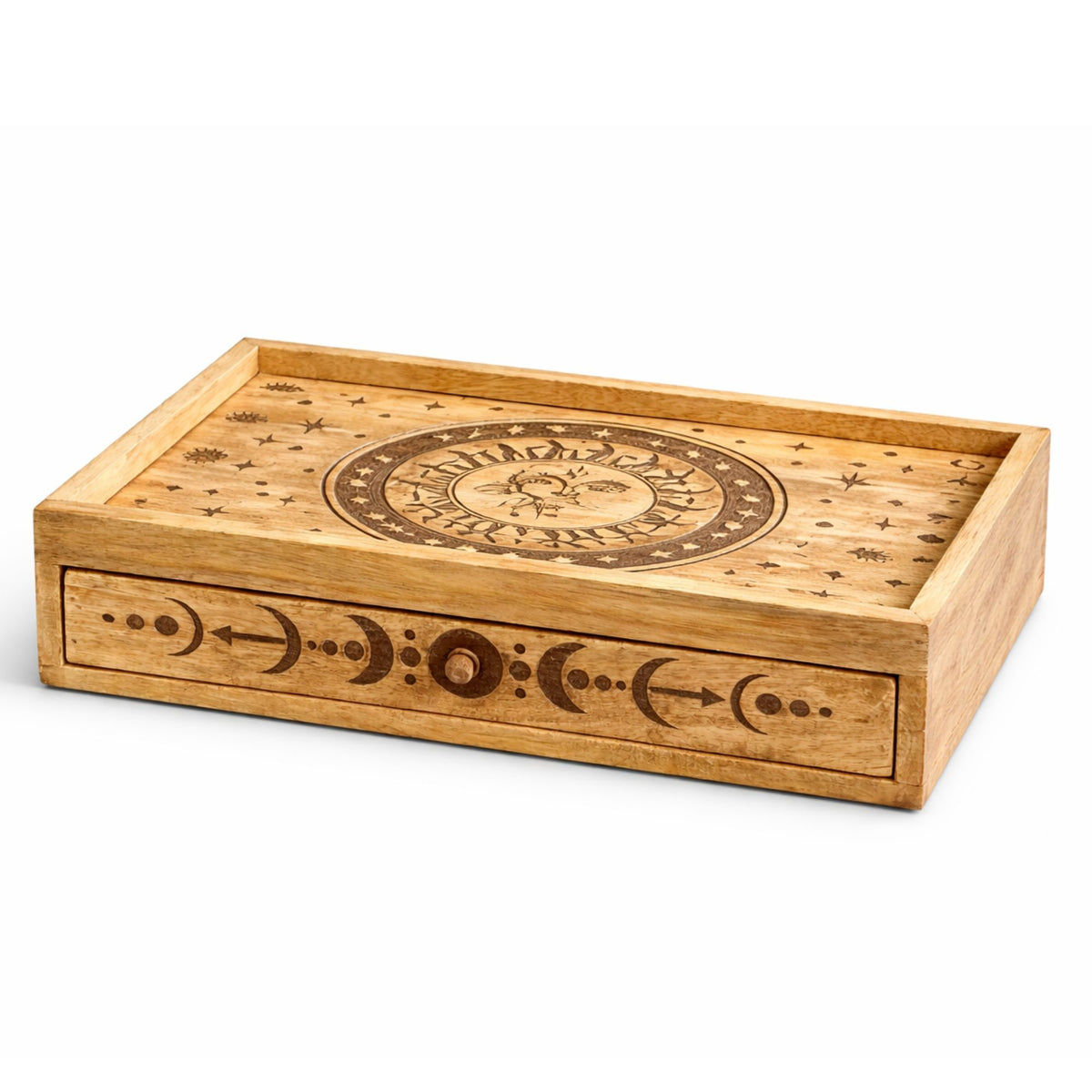  Sun Moon carved tarot box with drawer wooden tarot card storage witchcraft gift