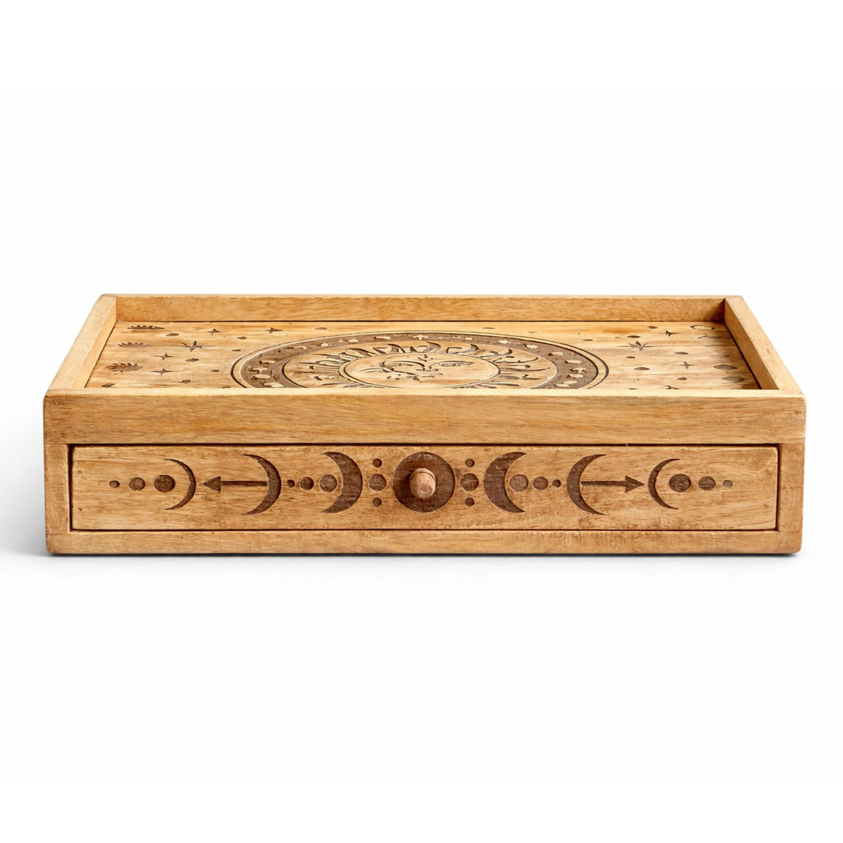 Wooden sun moon carved box with drawer full view tarot oracle card holder