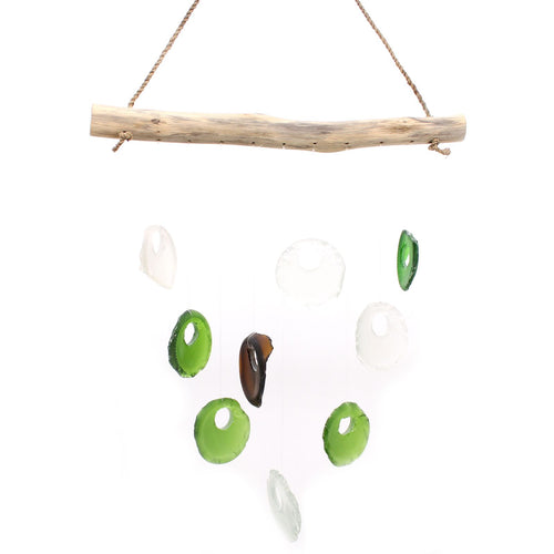Bottle bottoms glass wind chime — driftwood bar with green, clear and amber recycled bottle bottom glass pieces on white background