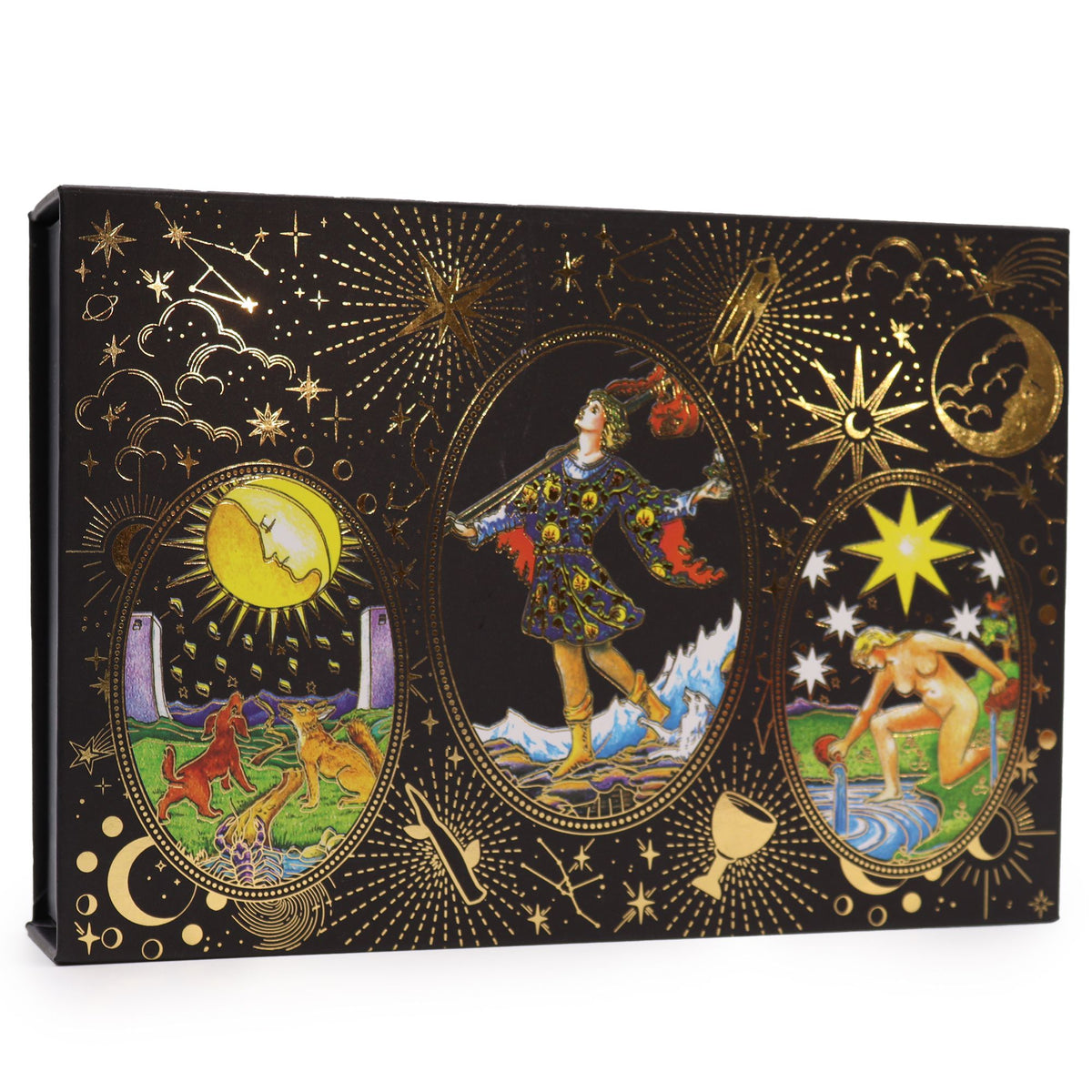  Gold foil tarot deck black luxury gift box with celestial gold foil artwork front view UK