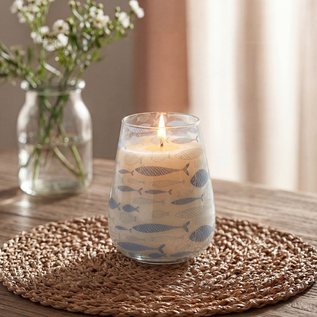 Seabreeze Tall Glass Jar Candle | Coastal Blue Fish Design