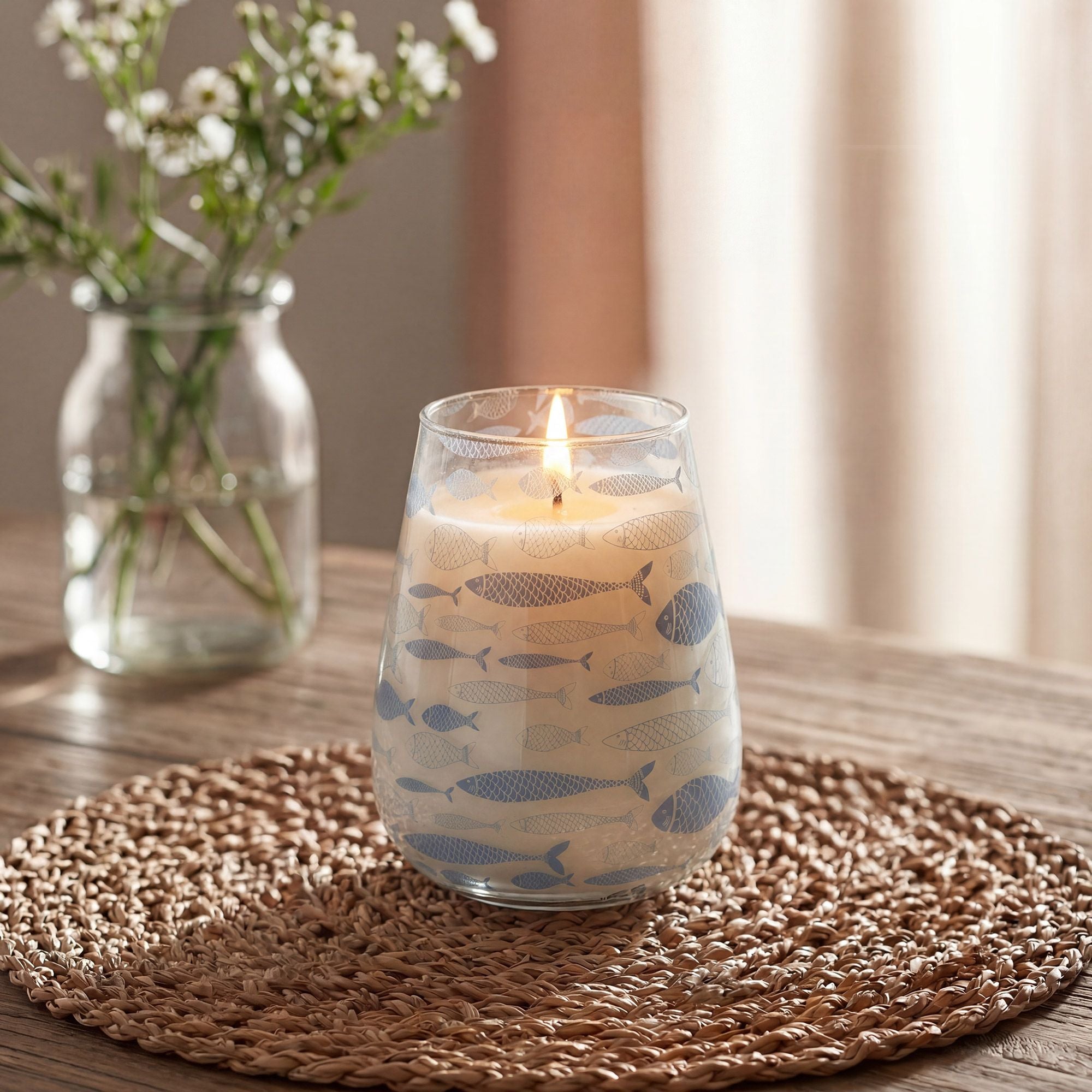 Seabreeze Tall Glass Jar Candle | Coastal Blue Fish Design
