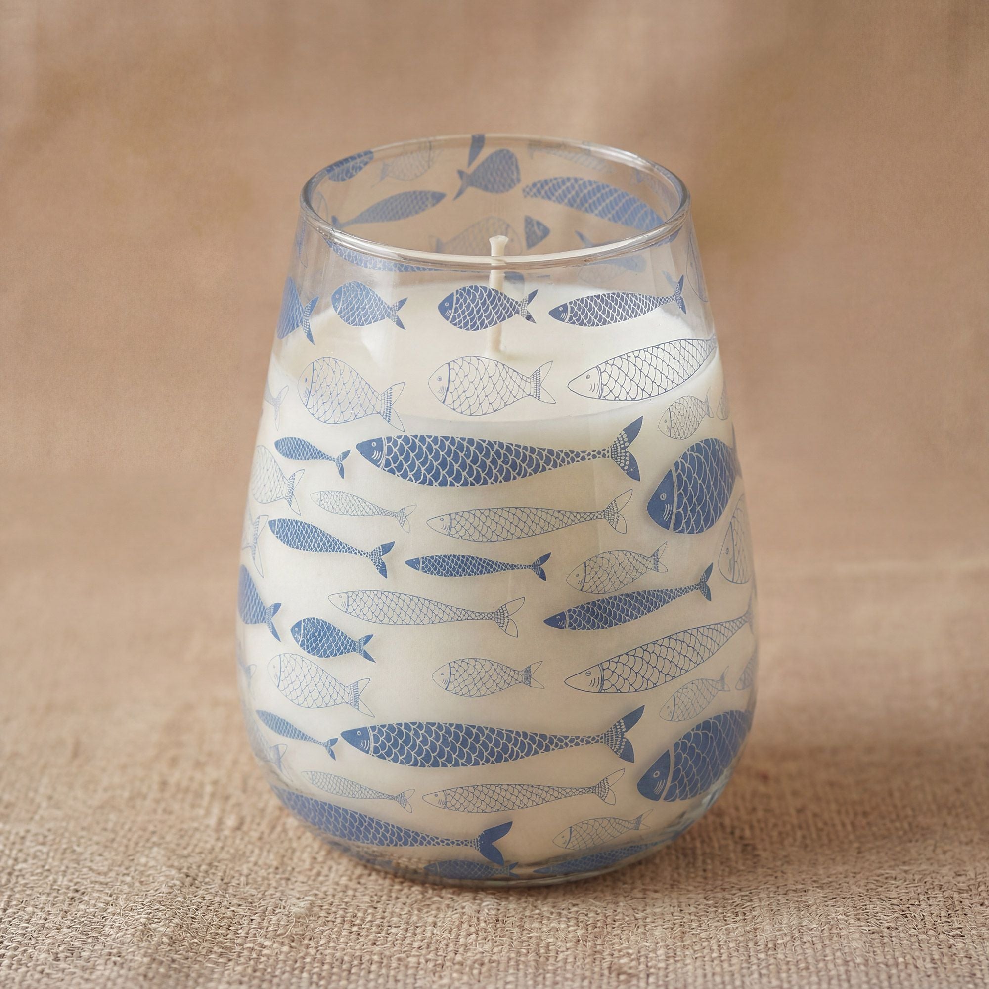Seabreeze Tall Glass Jar Candle | Coastal Blue Fish Design
