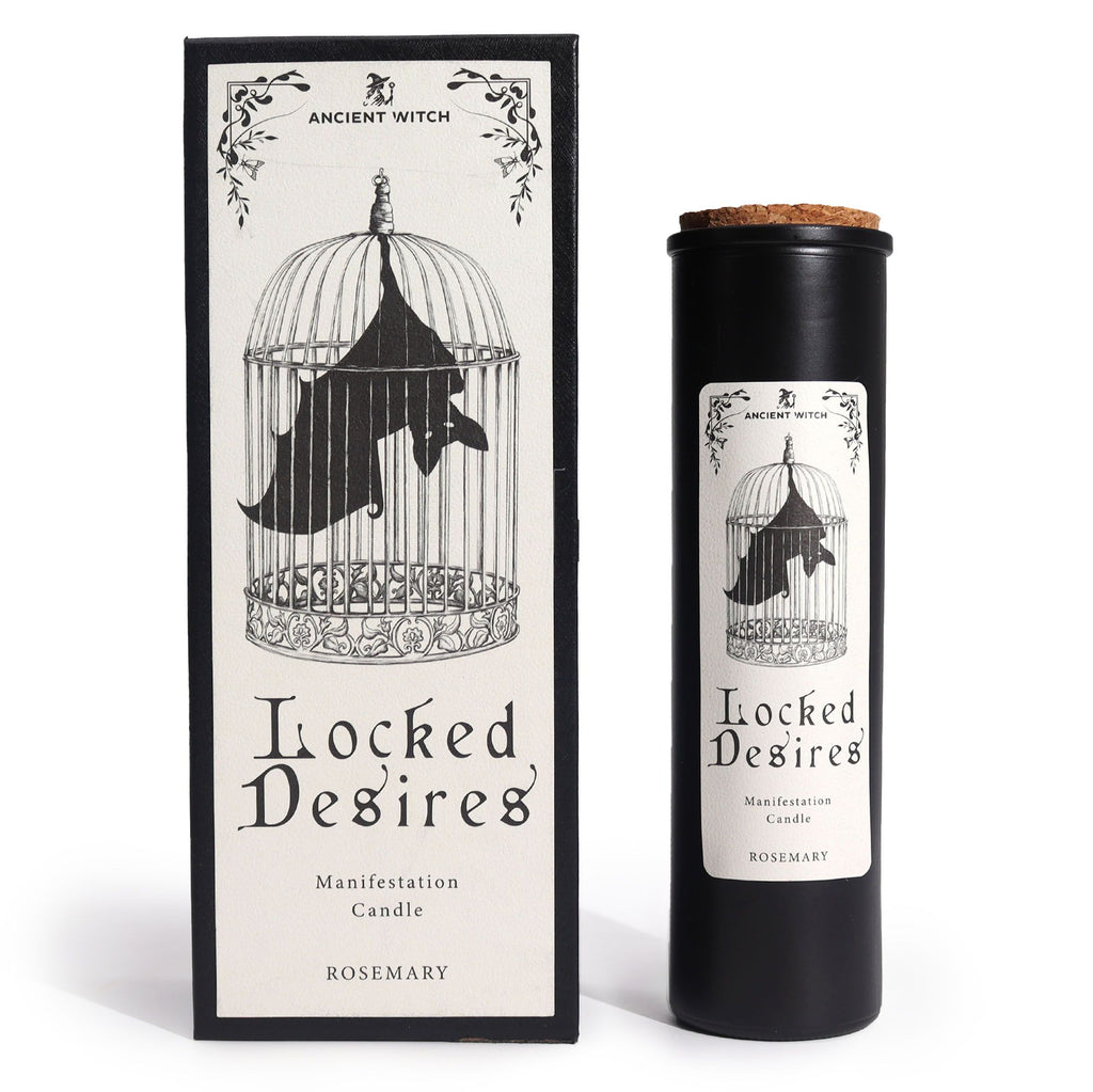 Locked Desires ritual candle bat in cage gothic packaging close up