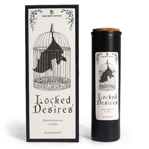 Locked Desires ritual candle bat in cage gothic packaging close up