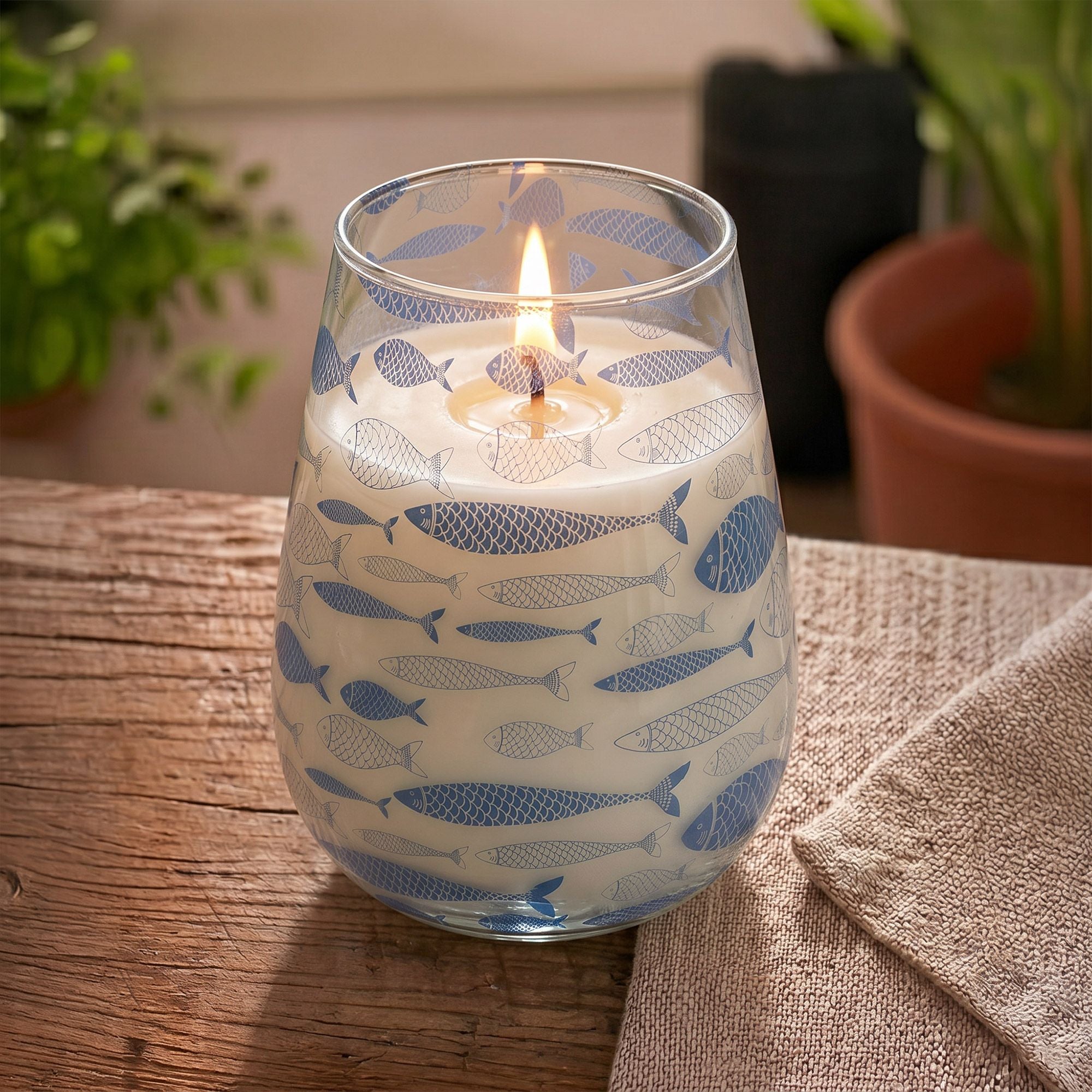 Seabreeze Tall Glass Jar Candle | Coastal Blue Fish Design