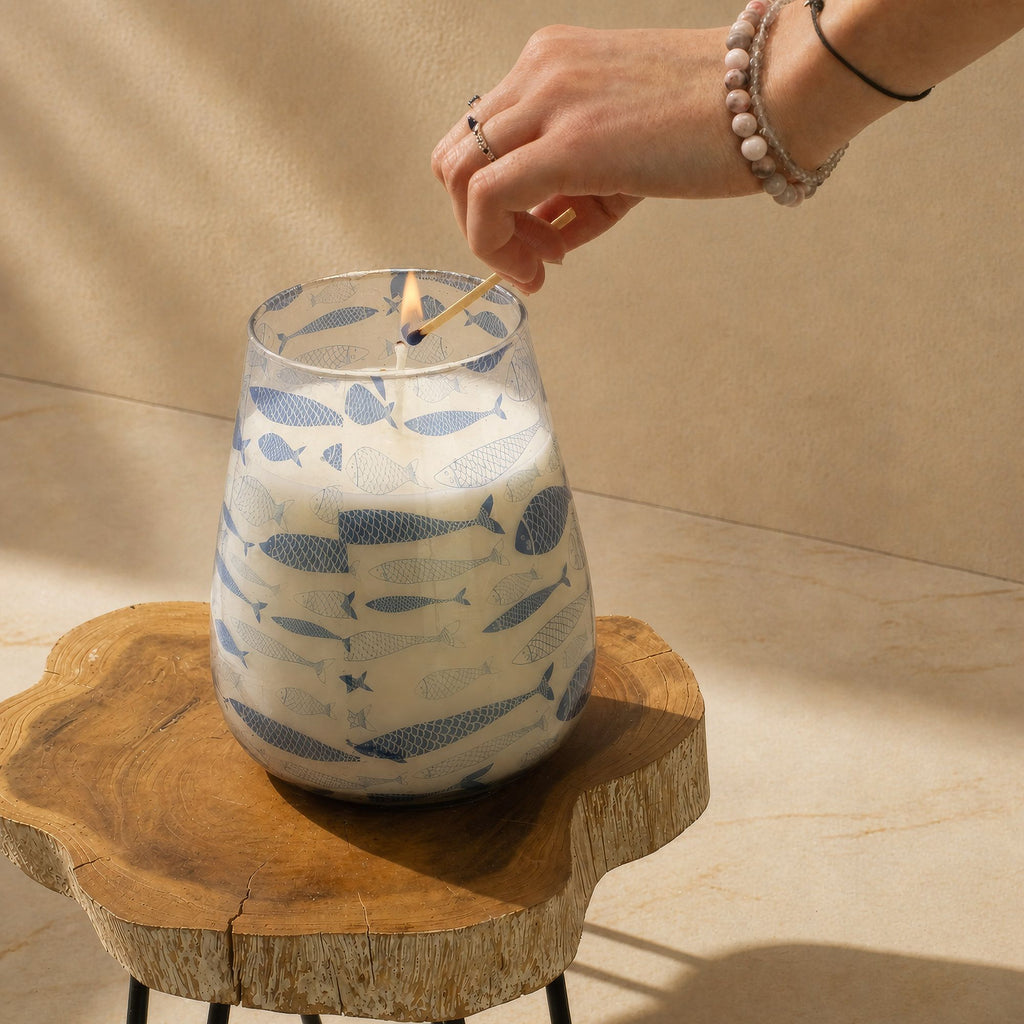 Seabreeze Tall Glass Jar Candle | Coastal Blue Fish Design