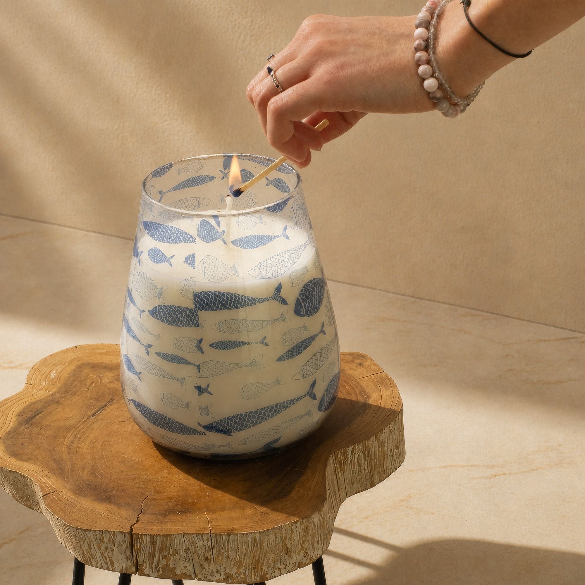 Seabreeze Tall Glass Jar Candle | Coastal Blue Fish Design