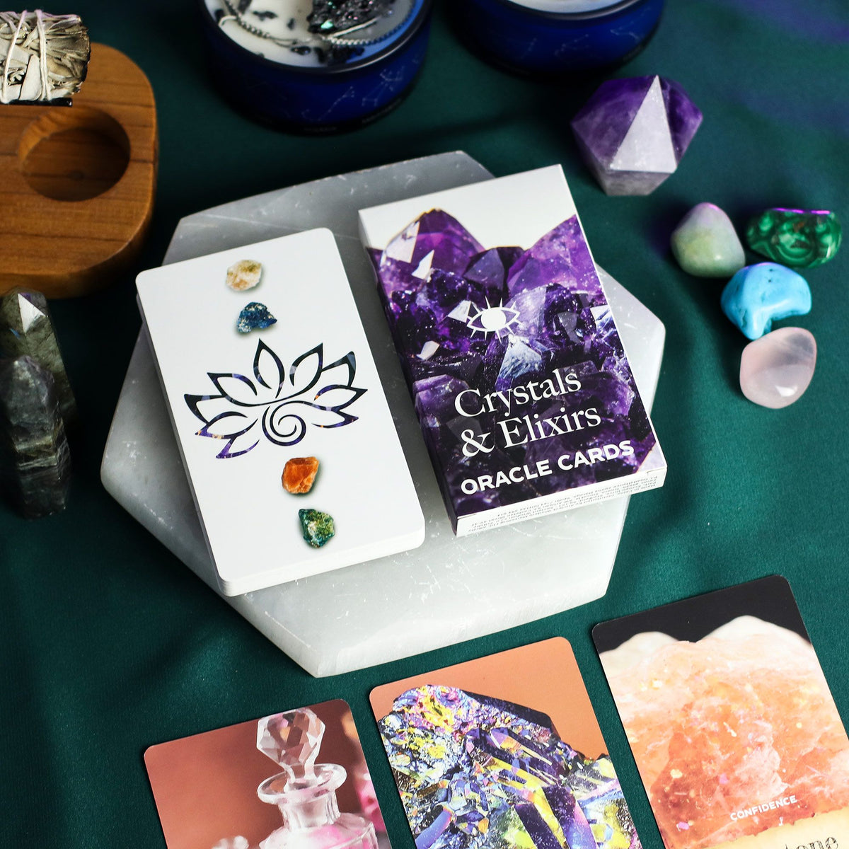 Crystals & Elixirs oracle cards spread out full deck display