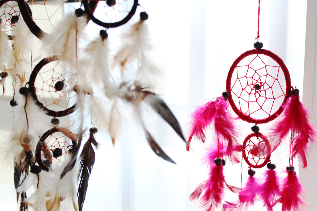 Rainbow dreamcatcher black and pink feathers medium round Bali handcrafted