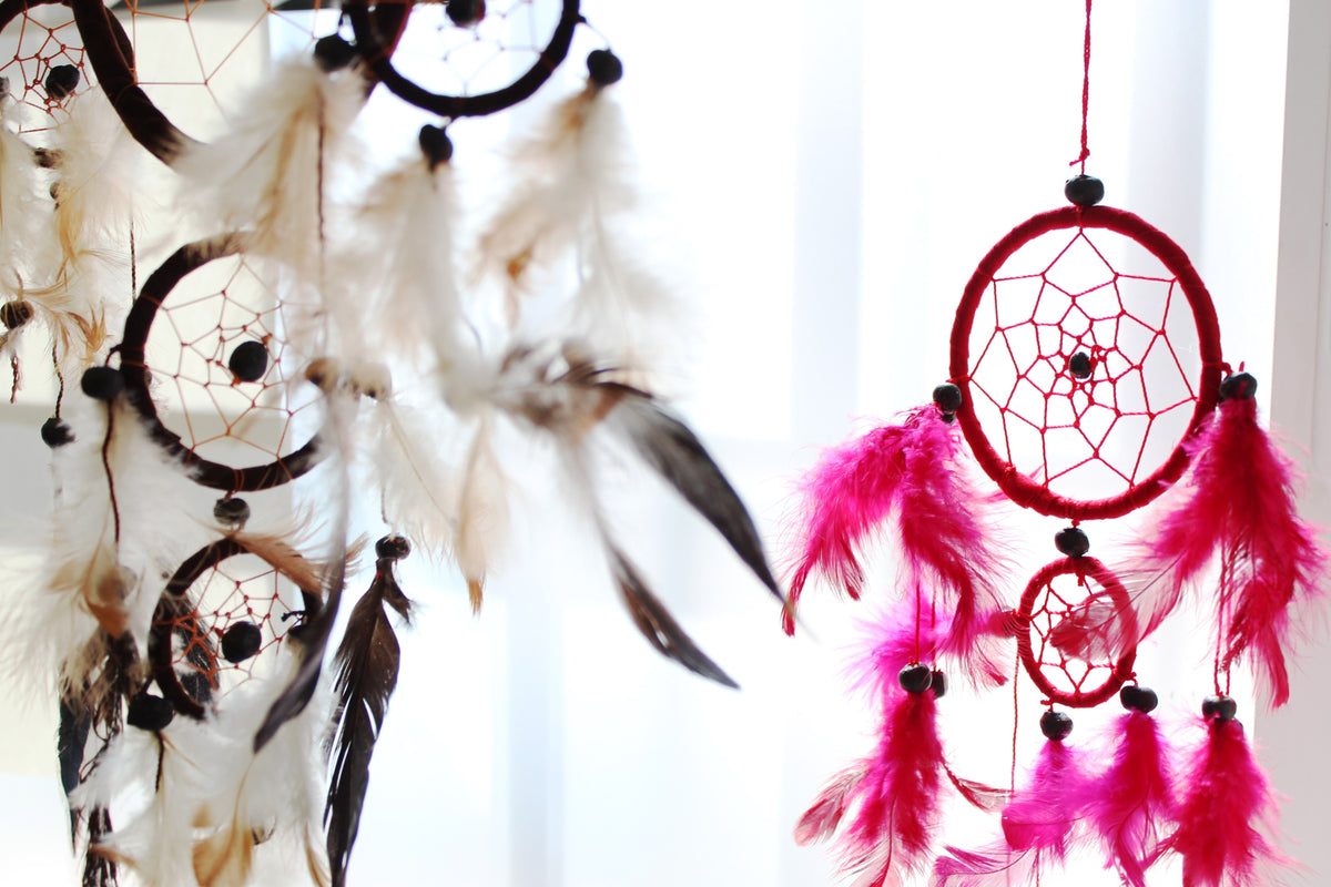 Rainbow dreamcatcher black and pink feathers medium round Bali handcrafted