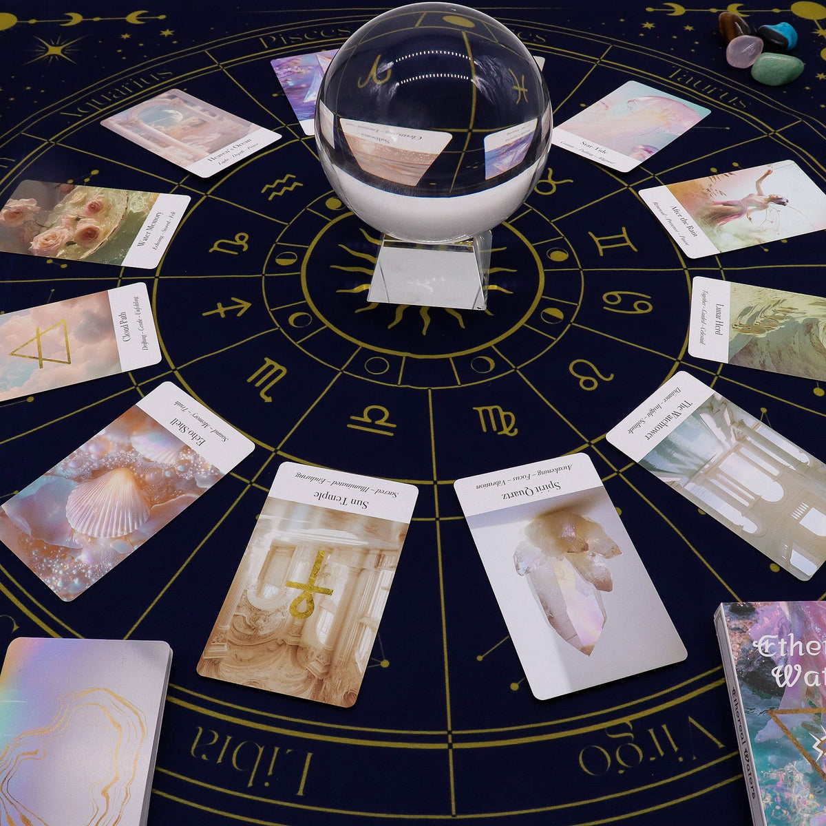 Zodiac tarot mat with tarot cards laid out oracle reading spread