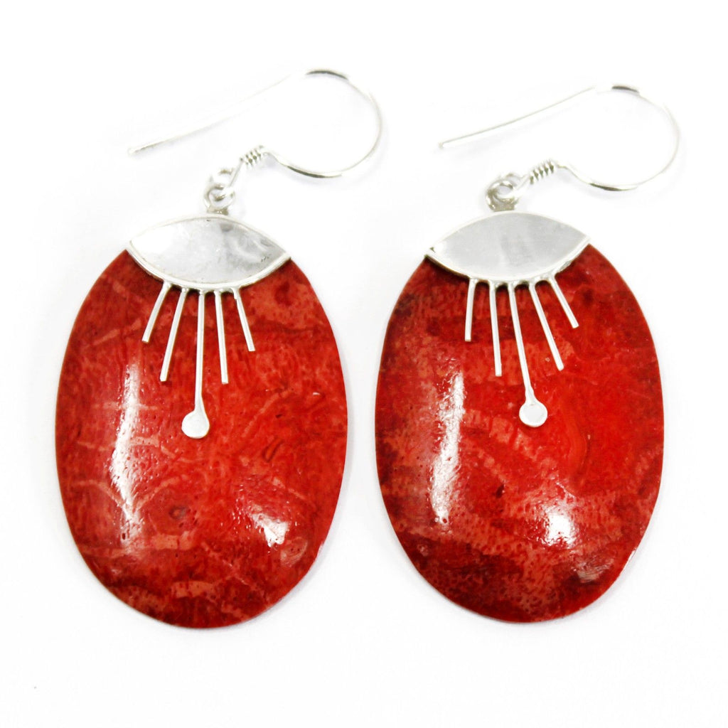 925 Silver Earrings | Oval Décor | Handcrafted Coral & Silver