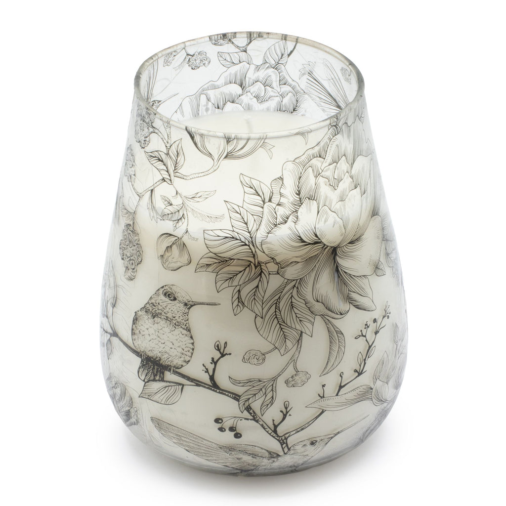 Drawn by Flame Tall Glass Jar Candle | Floral Bird Illustration Design