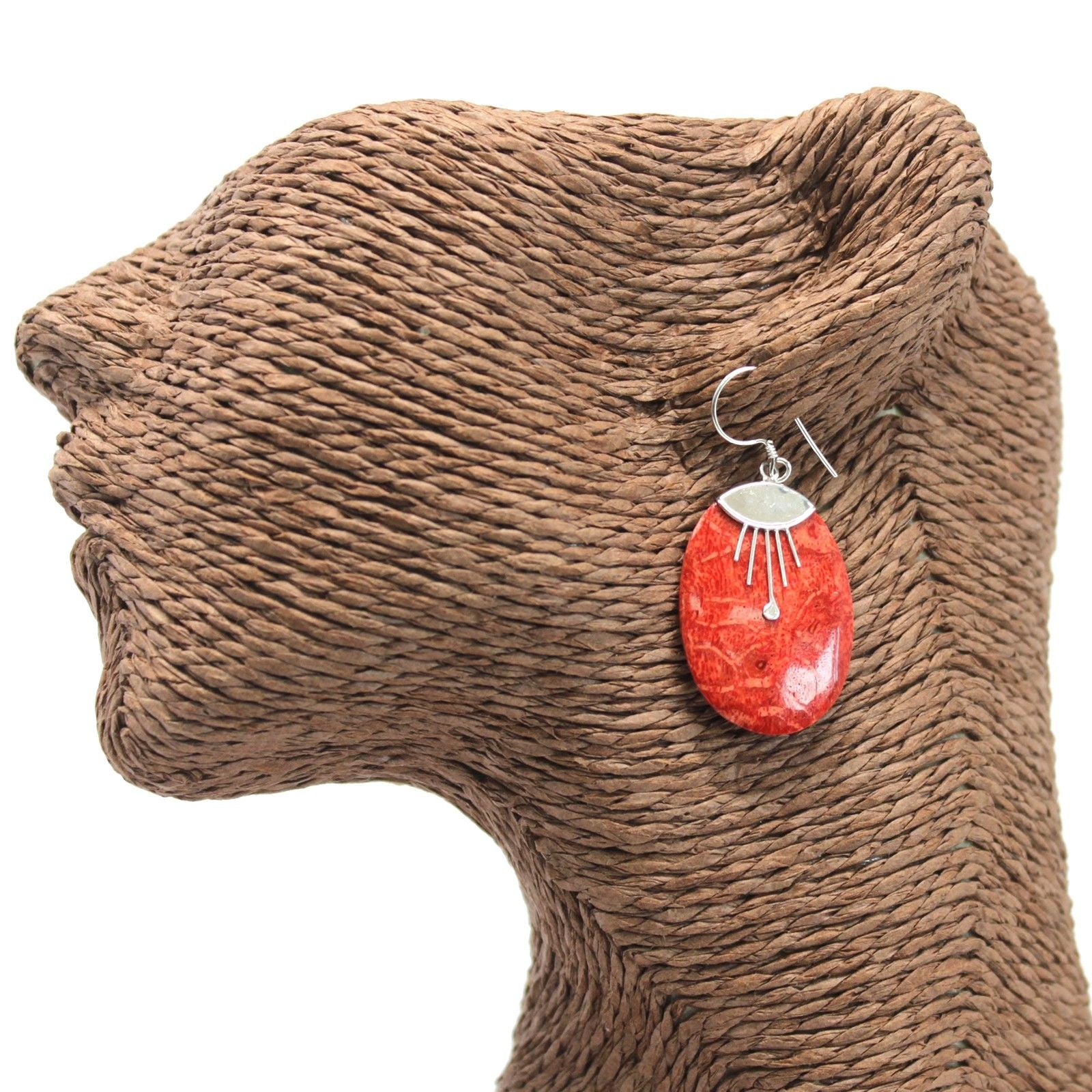 925 Silver Earrings | Oval Décor | Handcrafted Coral & Silver