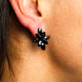 Jet black vintage glass flower earrings stainless steel gothic dark UK