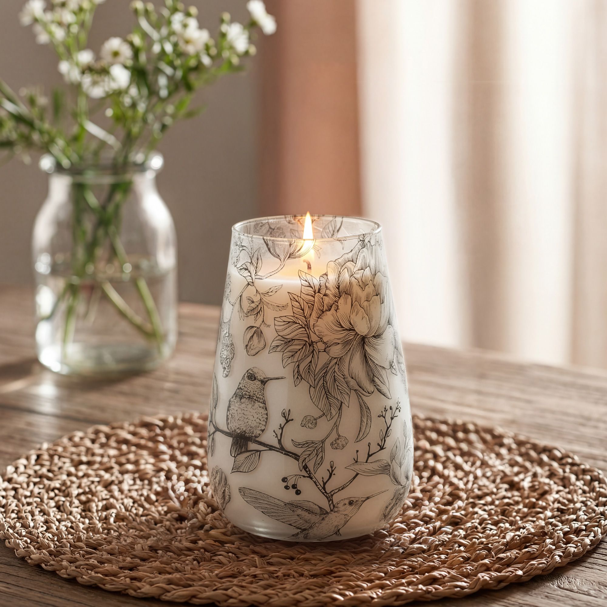 Drawn by Flame Tall Glass Jar Candle | Floral Bird Illustration Design