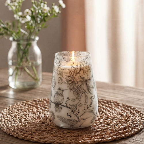 Drawn by Flame Tall Glass Jar Candle | Floral Bird Illustration Design