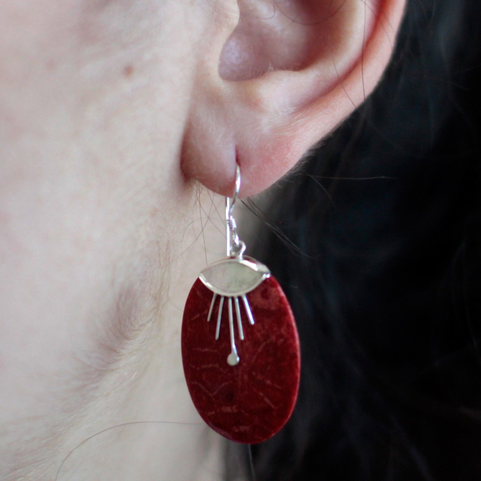 925 Silver Earrings | Oval Décor | Handcrafted Coral & Silver