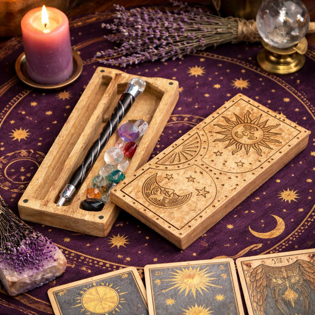 Carved sun moon wooden box open with crystals and stones celestial storage gift UK