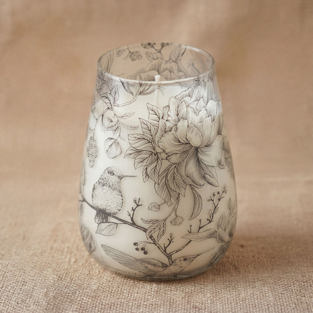 Drawn by Flame Tall Glass Jar Candle | Floral Bird Illustration Design