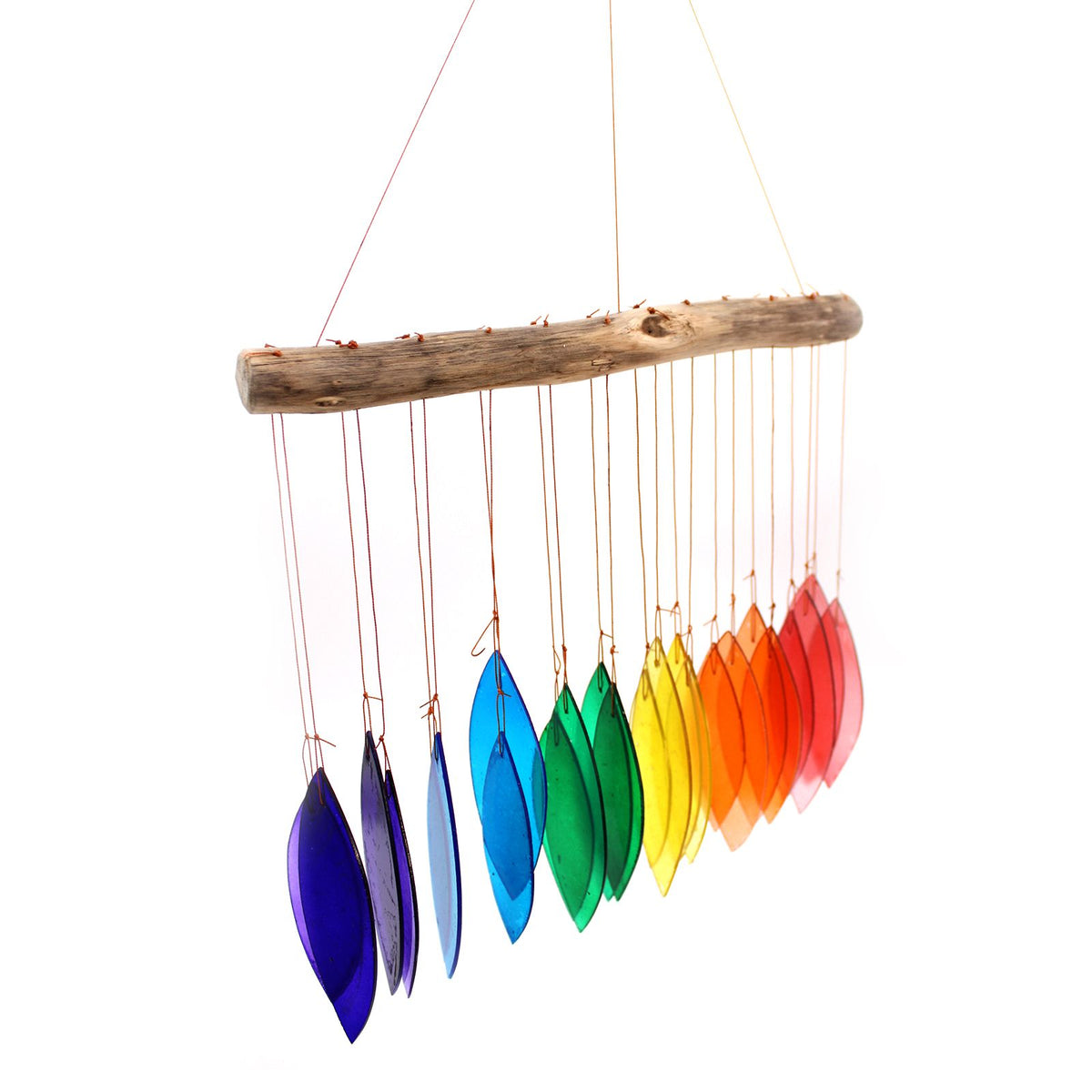 Rainbow glass wind chime — full product view on white background with driftwood bar and leaf-shaped glass pieces in full spectrum rainbow colours