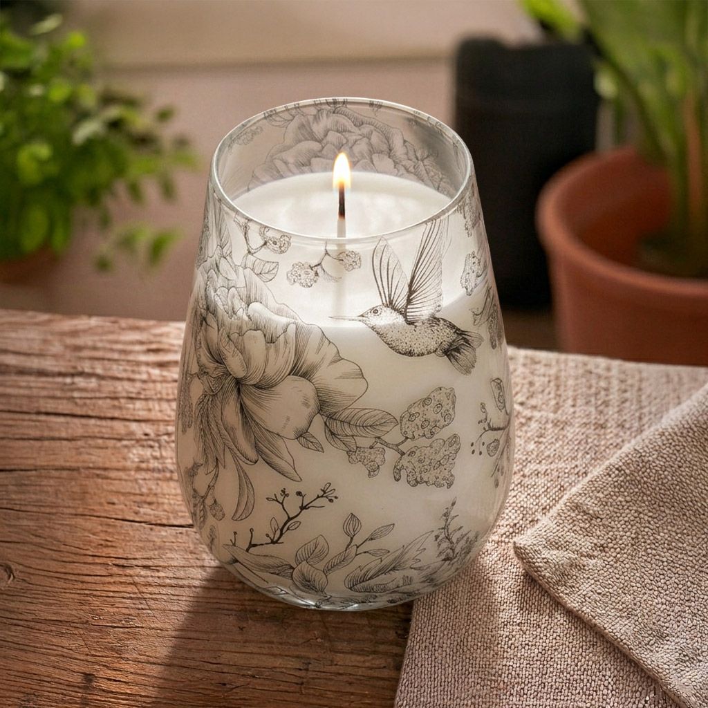 Drawn by Flame Tall Glass Jar Candle | Floral Bird Illustration Design