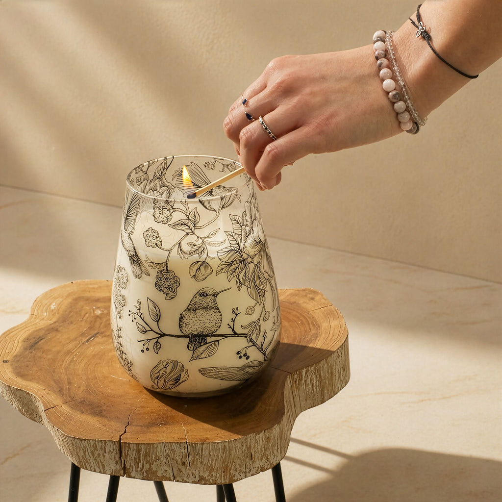 Drawn by Flame Tall Glass Jar Candle | Floral Bird Illustration Design