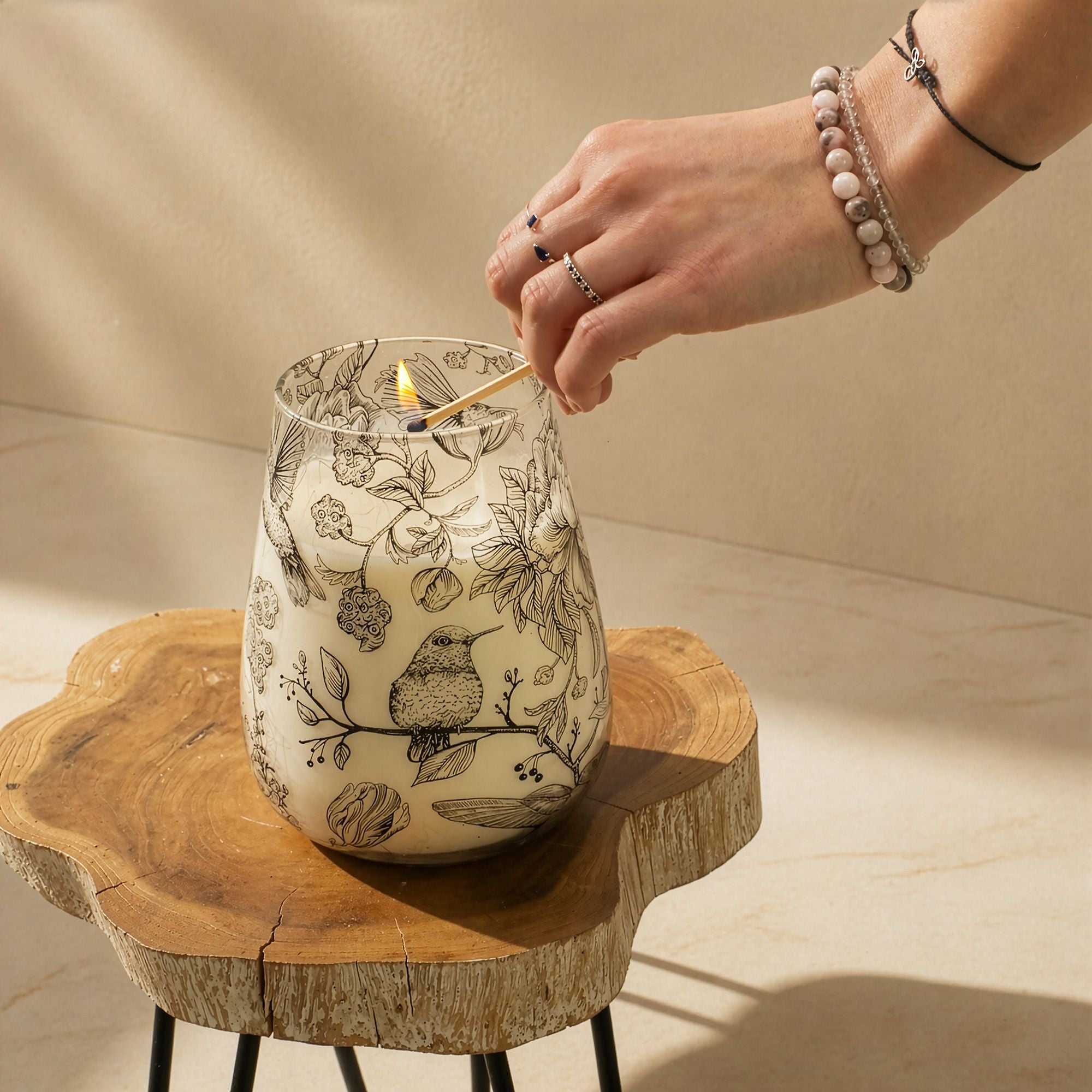 Drawn by Flame Tall Glass Jar Candle | Floral Bird Illustration Design