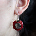 925 silver donut drop earrings on ear, red coral gemstone jewellery
