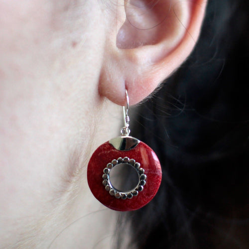 925 silver donut drop earrings on ear, red coral gemstone jewellery