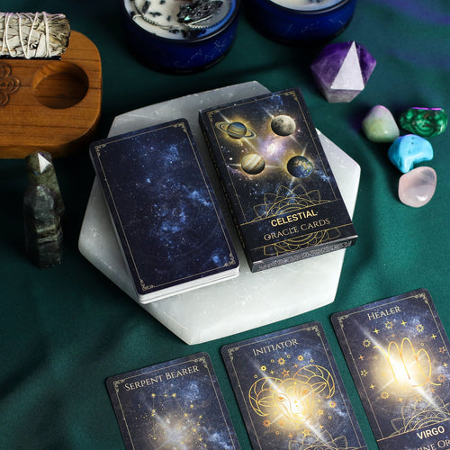 Celestial Energy Atlas Oracle Cards spread flat lay astrology constellation art