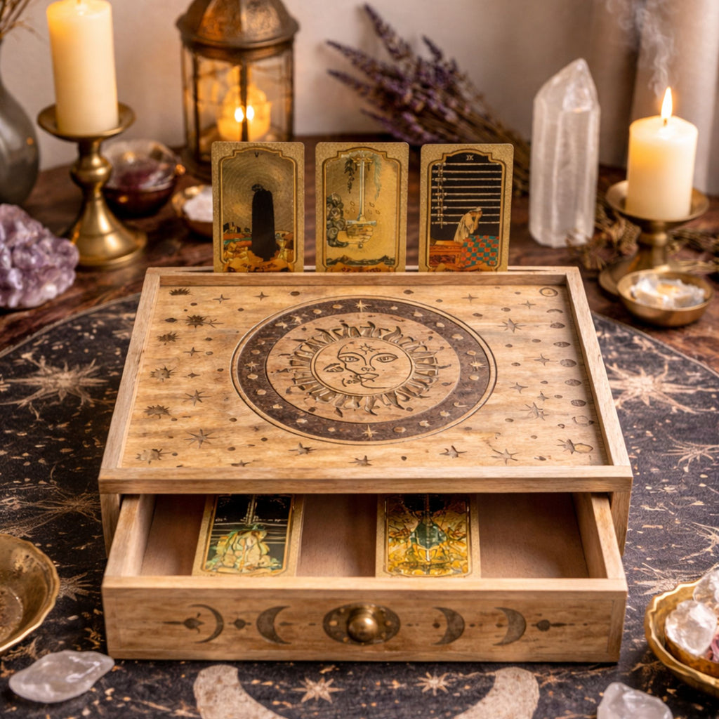 Sun moon tarot storage box drawer detail handcrafted wooden witchcraft gift UK