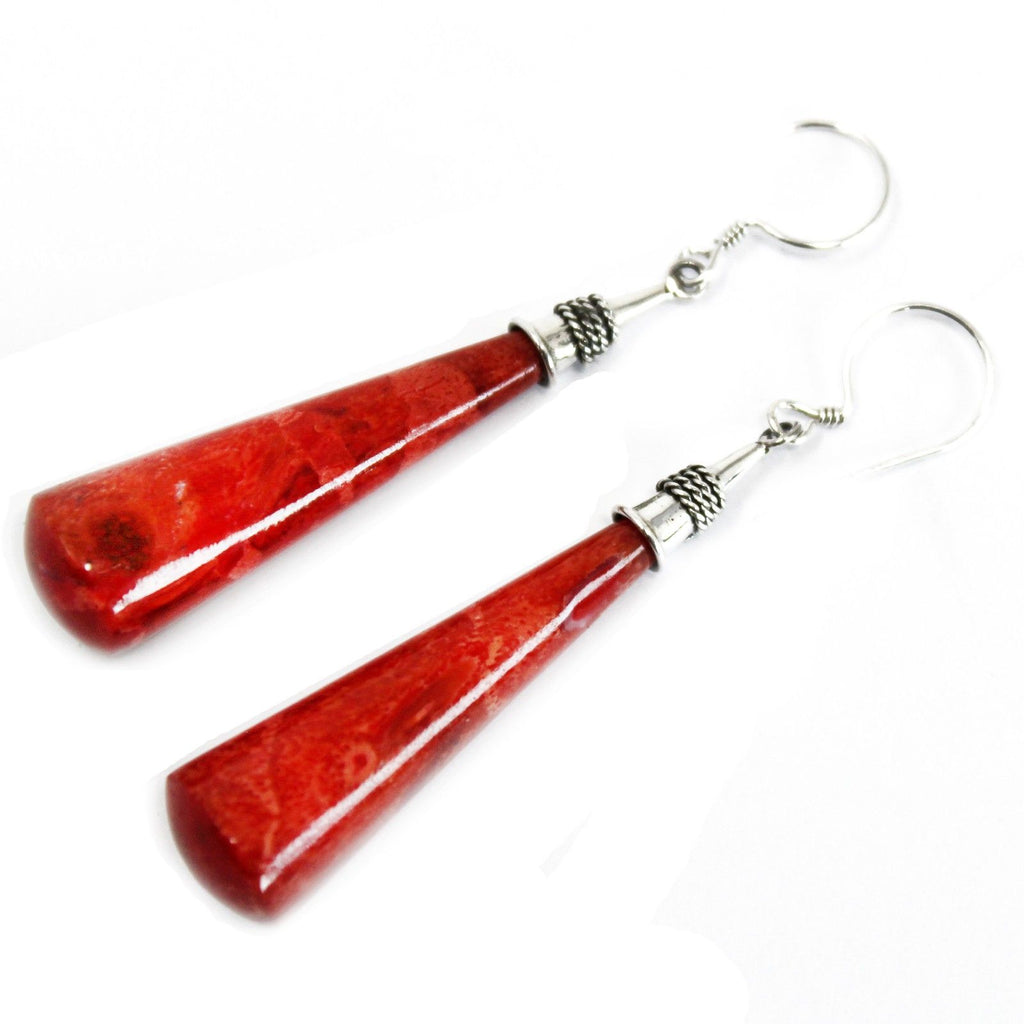 925 Sterling Silver Long Teardrop Earrings | Red Coral & Silver Drop Dangle