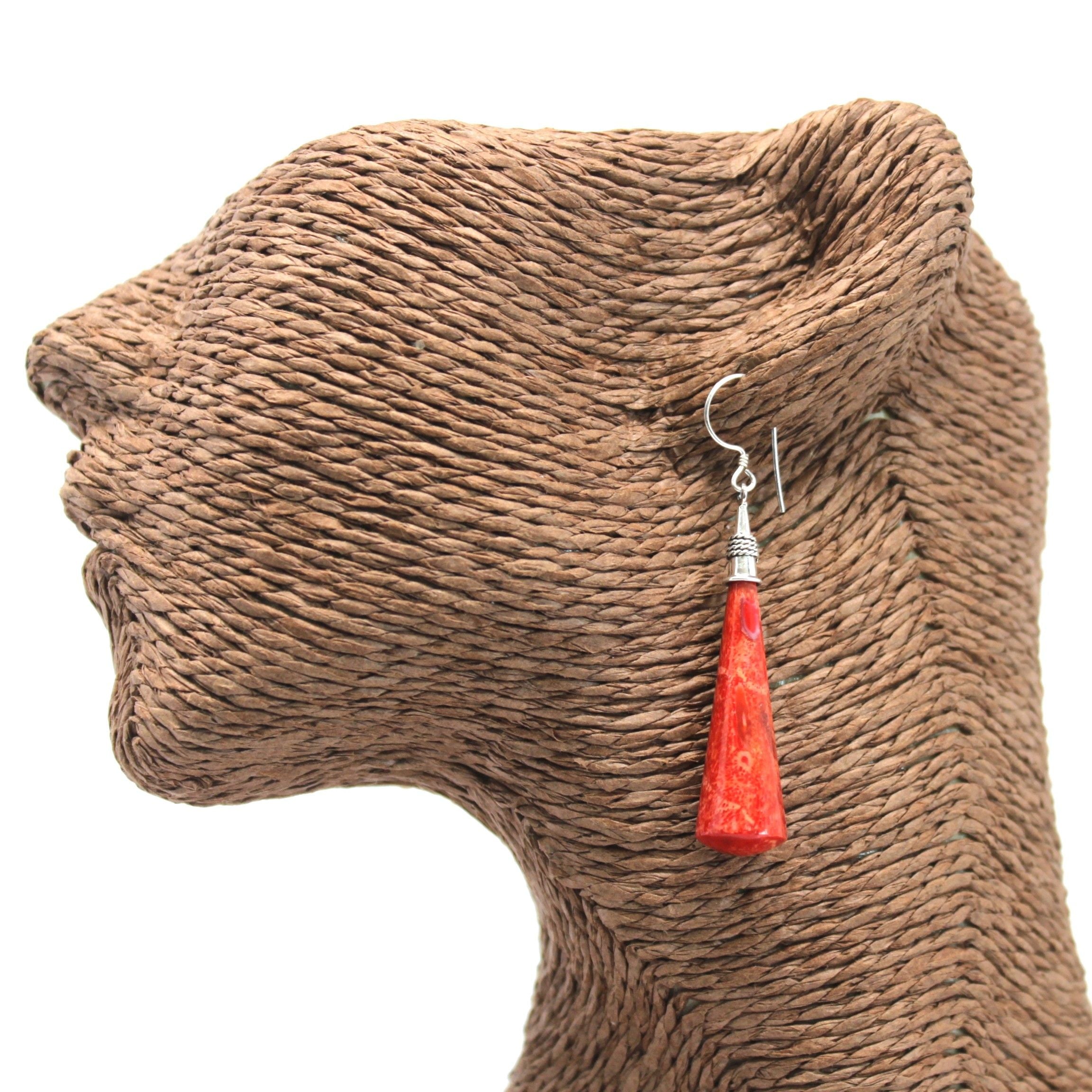 925 Sterling Silver Long Teardrop Earrings | Red Coral & Silver Drop Dangle