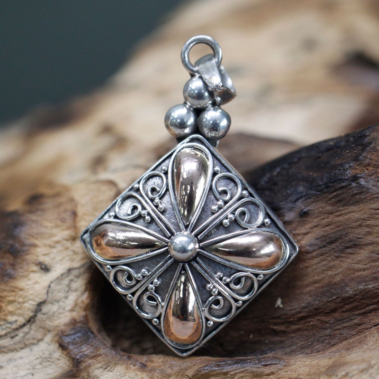 Bali Square Drop Pendant - 18k Gold & 925 Silver | Exotic Mystic Jewellery