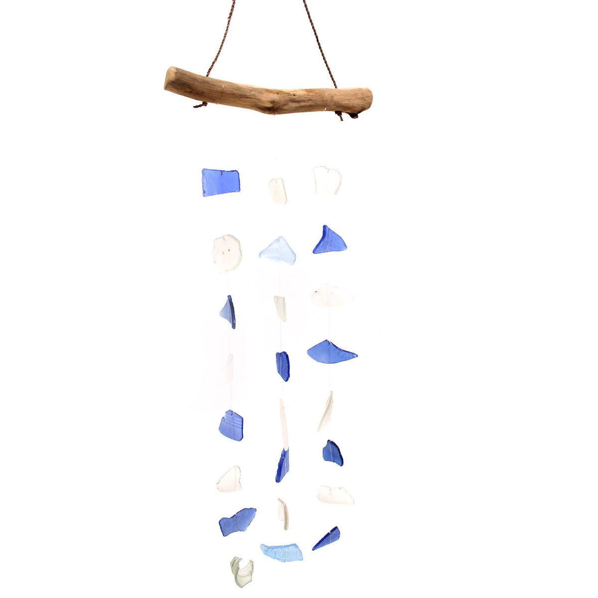 Three drop blue and white recycled glass wind chime hanging from driftwood bar