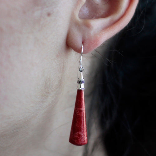 925 Sterling Silver Long Teardrop Earrings | Red Coral & Silver Drop Dangle