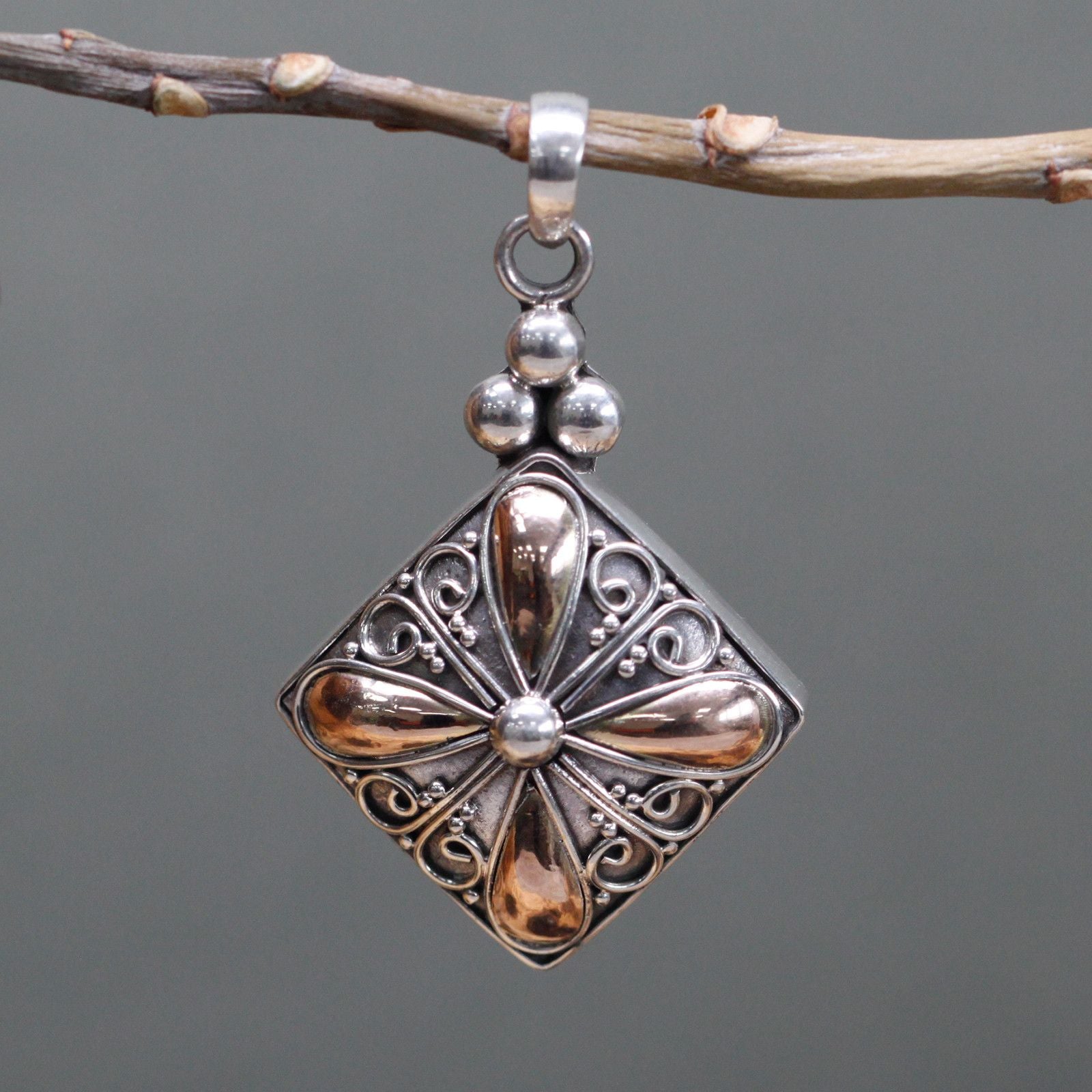 Bali Square Drop Pendant - 18k Gold & 925 Silver | Exotic Mystic Jewellery